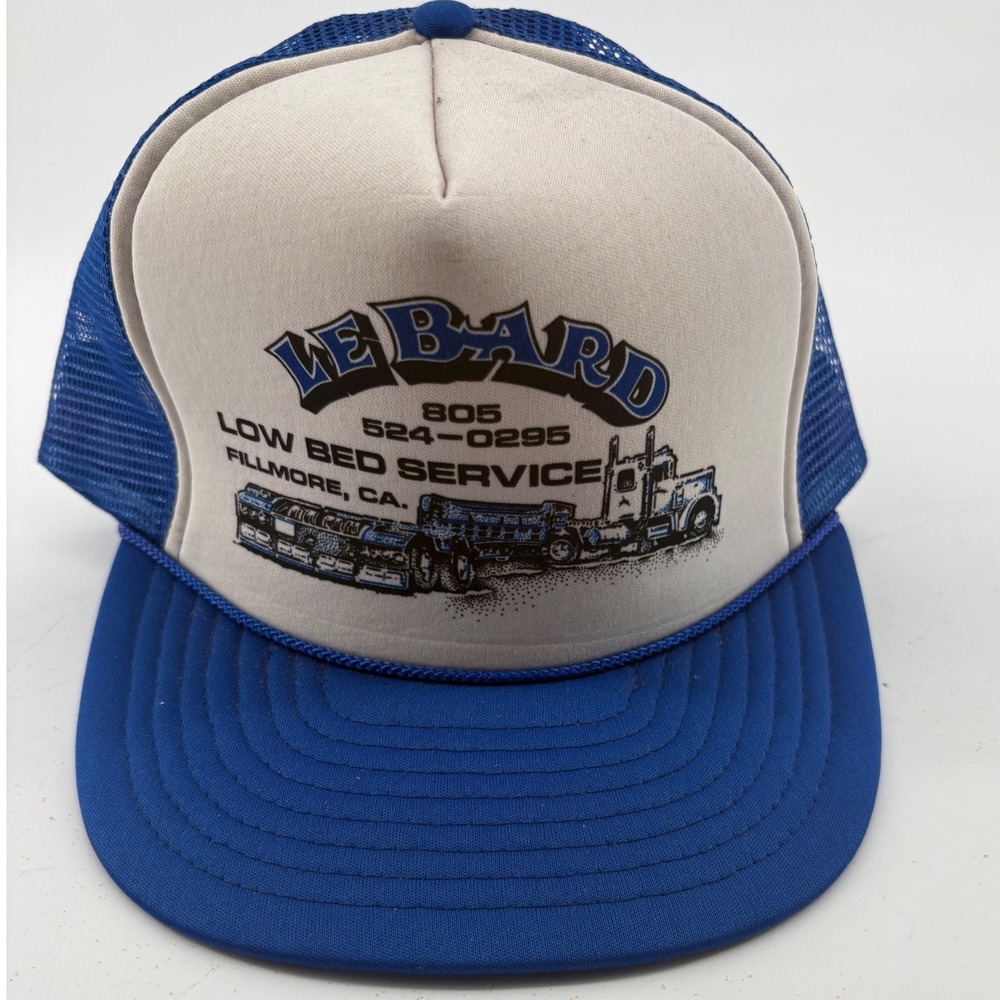 Vintage Mohrs Le Bard Low Bed Service Trucker Hat Blue White Mesh Snapback Cap